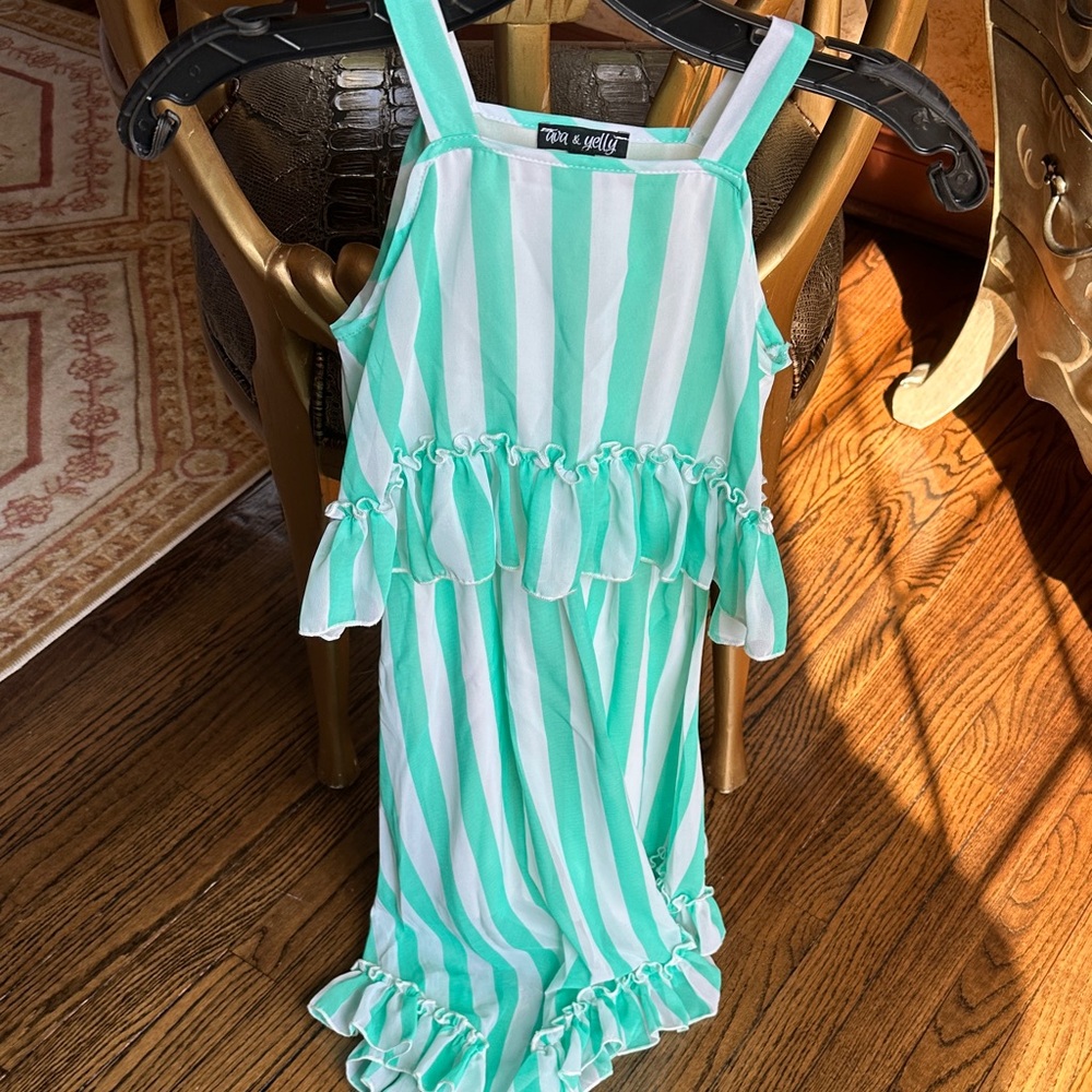 Green and White Striped Ruffle Dress kids size 7. Ava and yelly